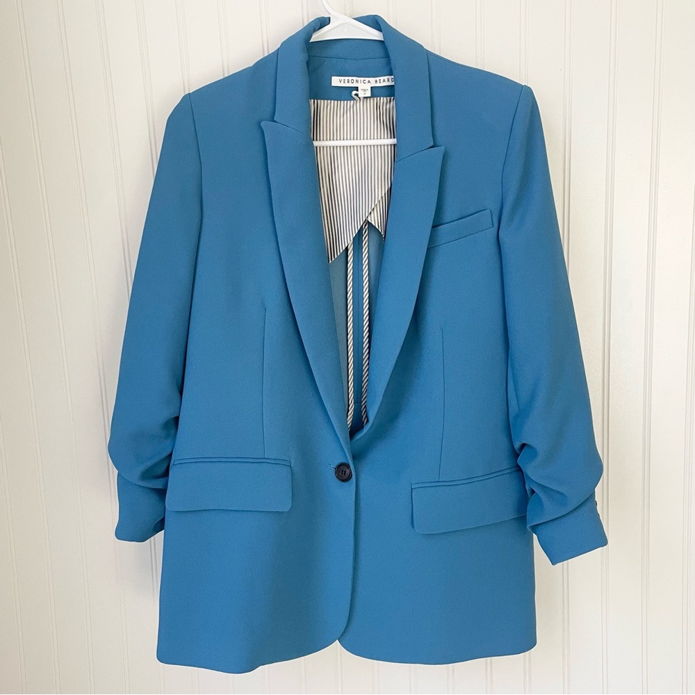 Veronica Beard Graham Long Draped Dickey Jacket Size 2 Blazer Blue Crepe